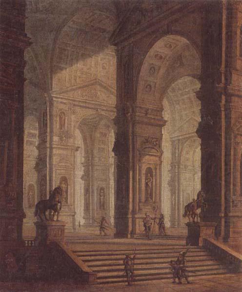 unknow artist The interior of a classical building,with soldiers guarding the entrance at the base of a set of steps china oil painting image